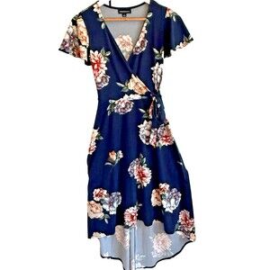 Fortune & Ivy Faux Wrap Hi Low Dress Womens Size Small Navy Blue Floral Print